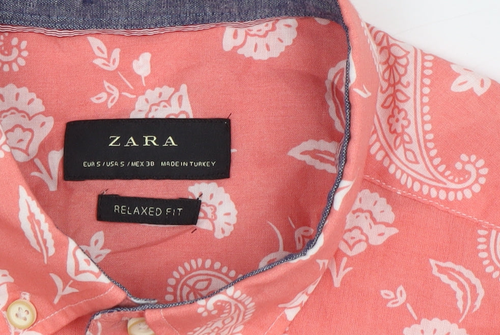 Zara Men's Coral Paisley Button-Up Cotton Relaxed Fit Shirt Size S
