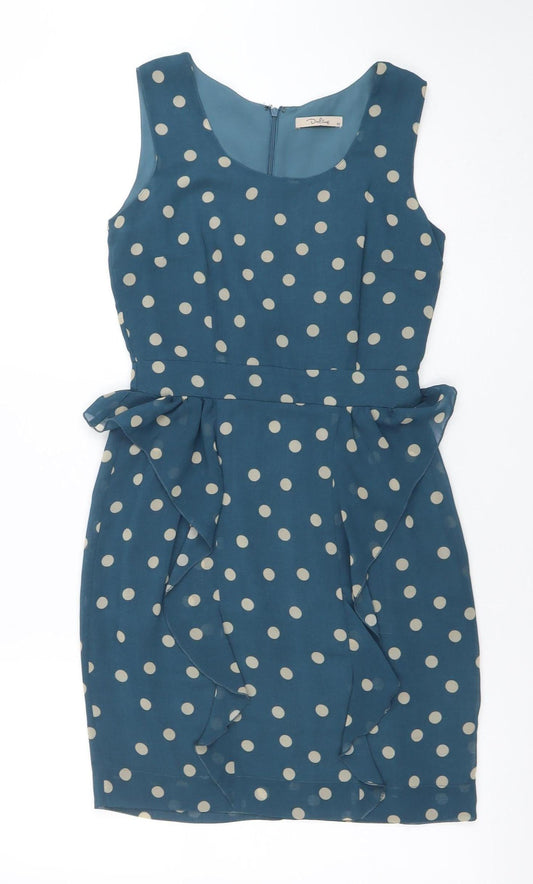 Daphne Women's Blue Polka Dot Sleeveless Ruffle Pencil Dress XS