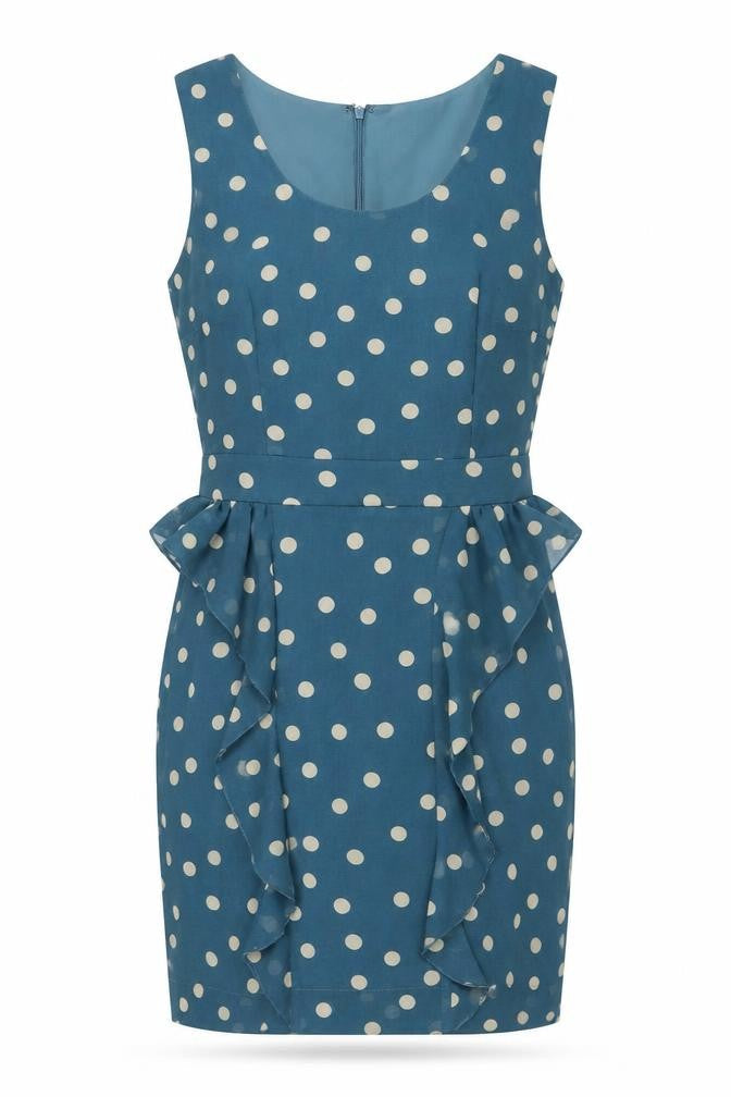 Daphne Women's Blue Polka Dot Sleeveless Ruffle Pencil Dress XS