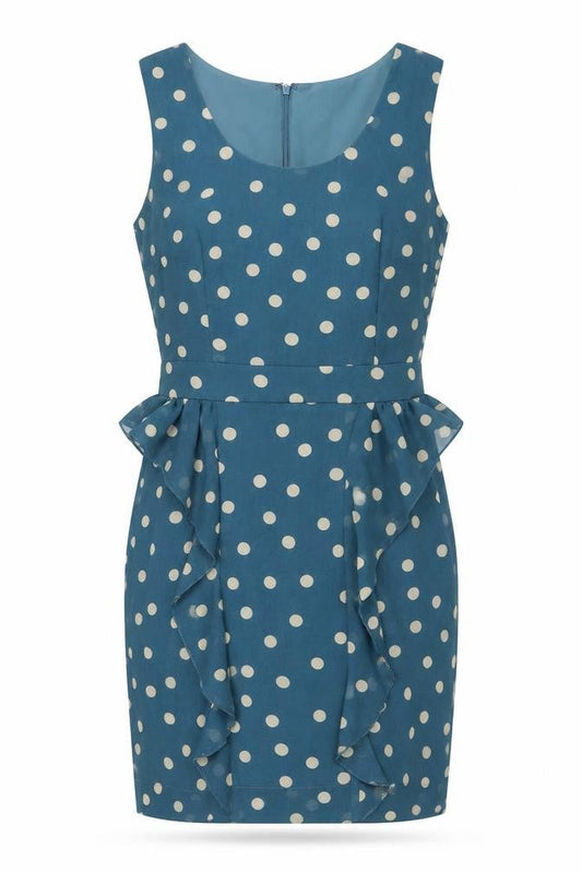 Daphne Women's Blue Polka Dot Sleeveless Ruffle Pencil Dress XS