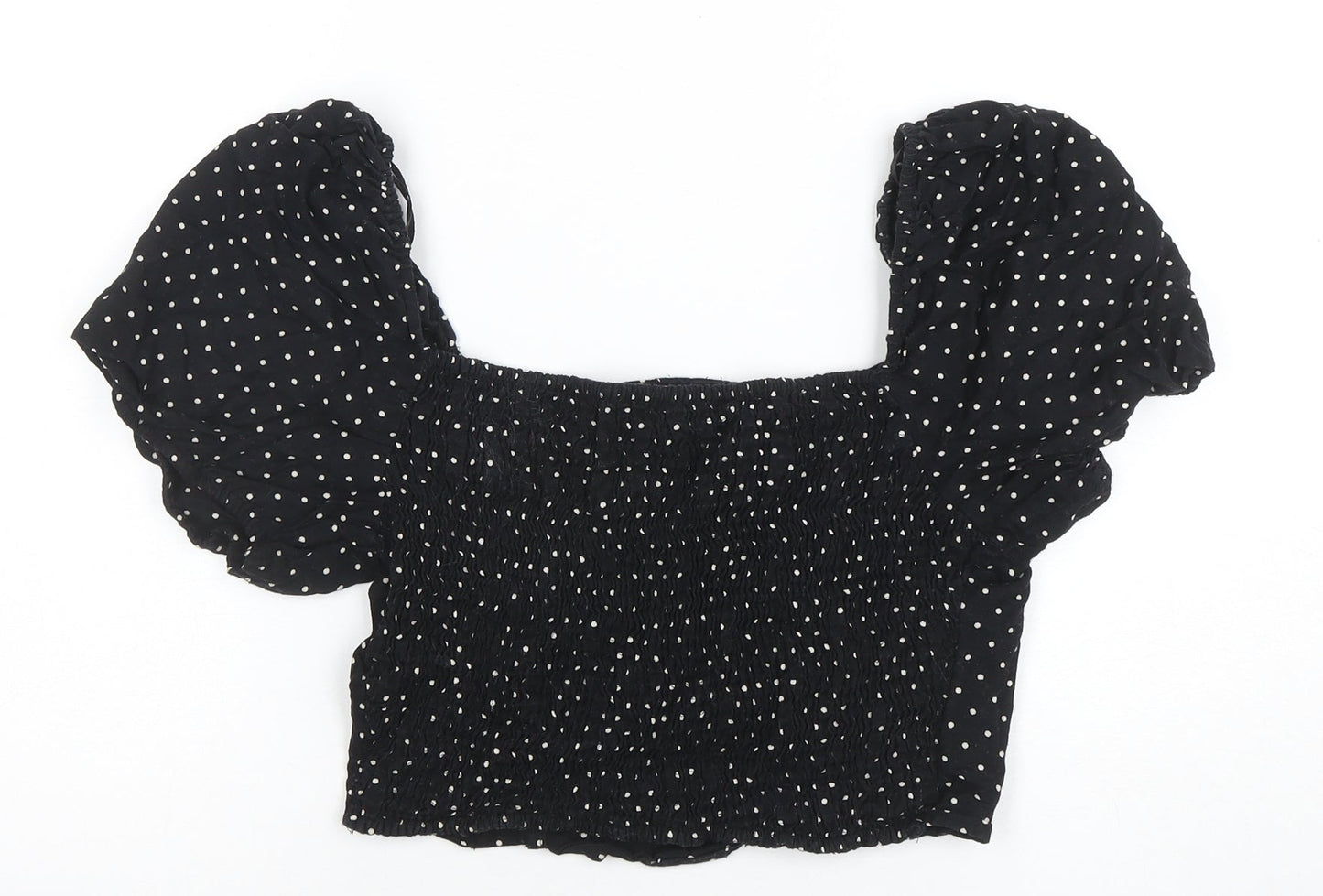 River Island Womens Black Polka Dot Cropped Blouse Size 12 Puff Sleeve