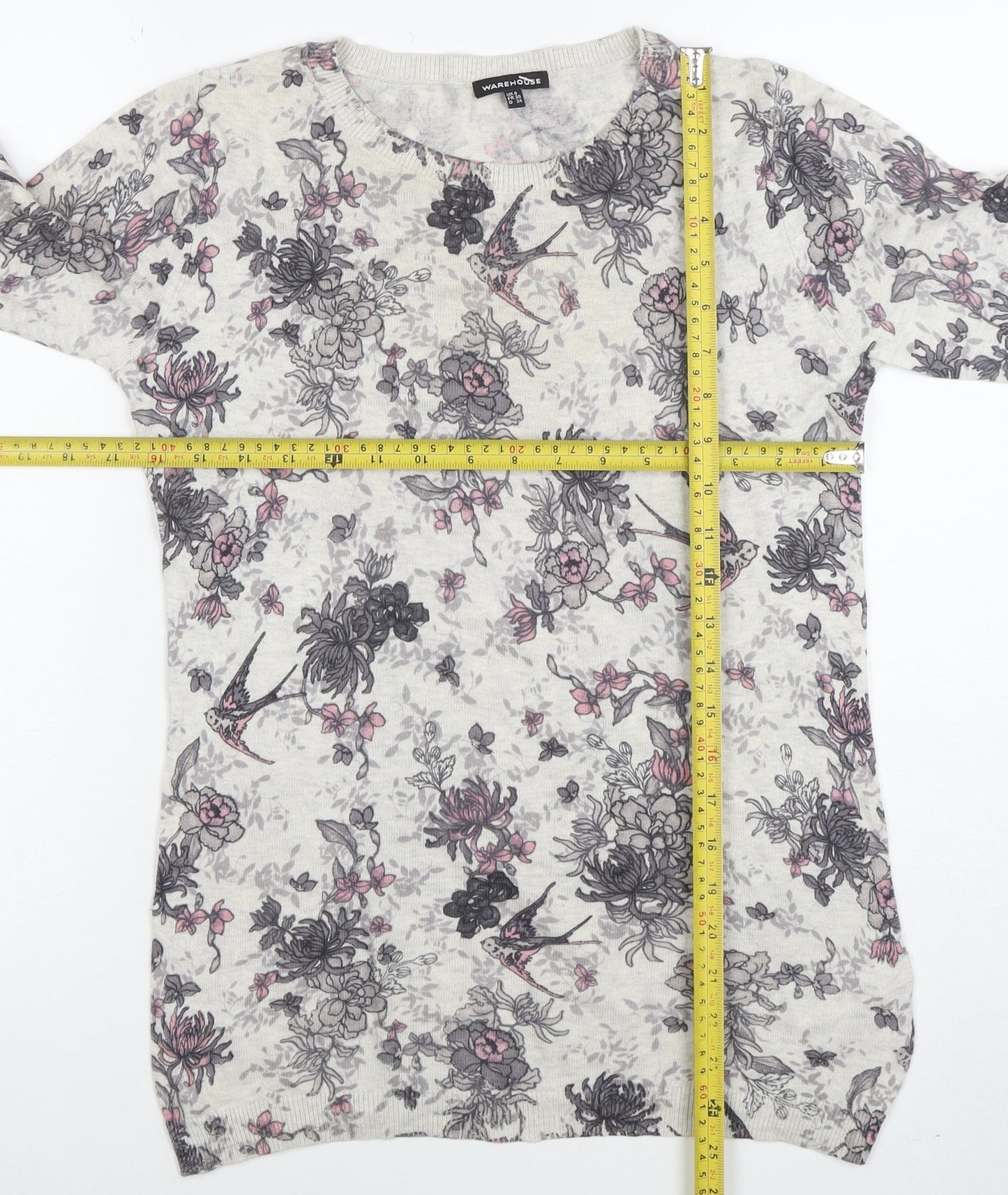 Warehouse Women’s Ivory Floral Bird Print Cotton Blend Pullover Jumper Size 8