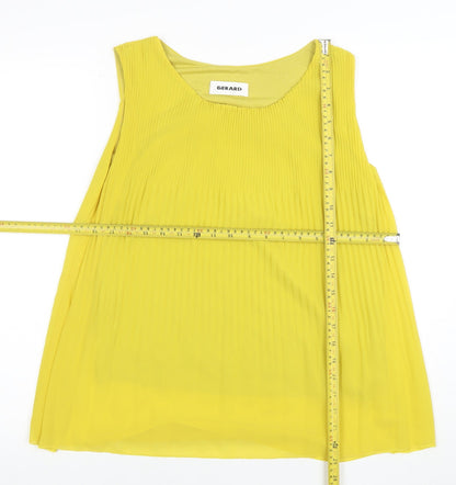 Back view of Gerard women’s yellow sleeveless pleated tunic blouse, size S