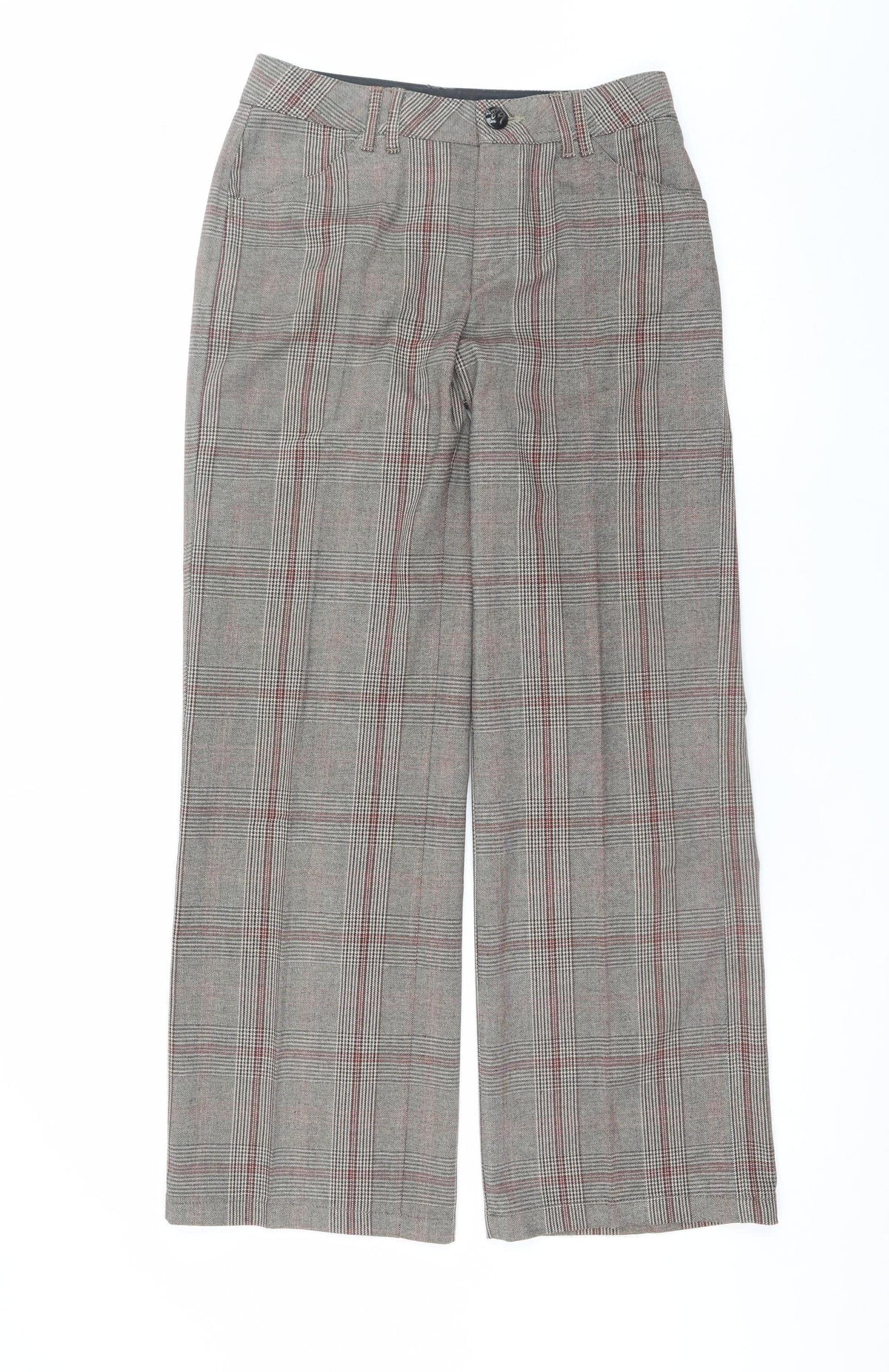 Teddy Smith Womens Grey Check Trousers Size 8 Straight Fit