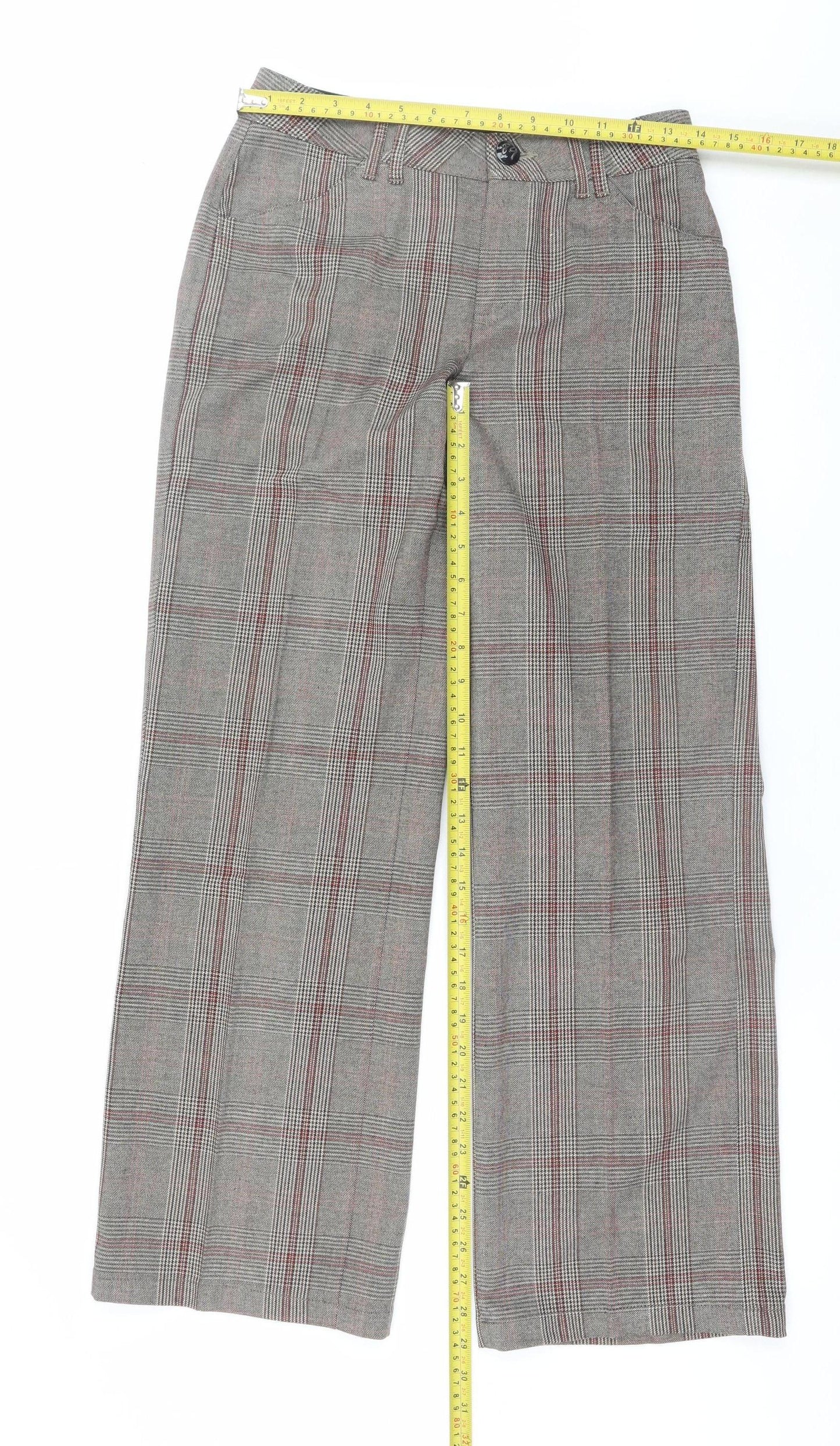 Teddy Smith Womens Grey Check Trousers Size 8 Straight Fit