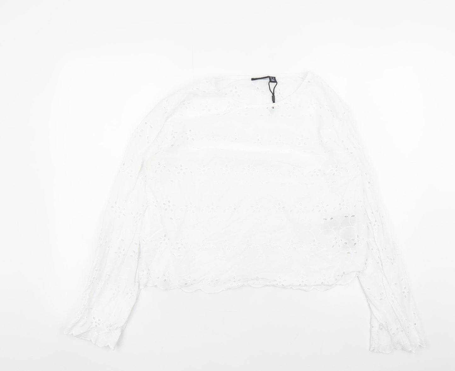 Pieces Womens White Cotton Embroidered Long Sleeve Blouse M