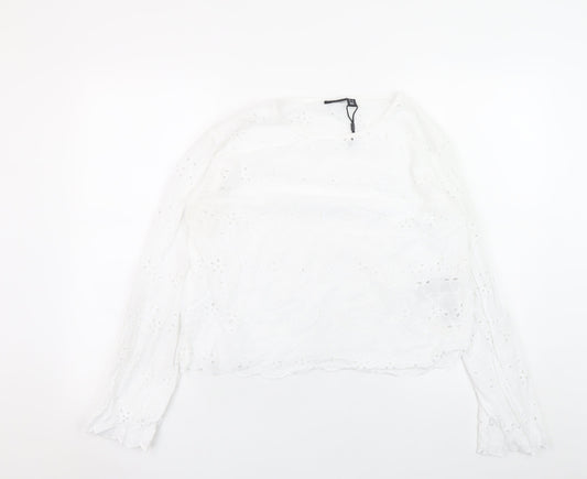 Pieces Womens White Cotton Embroidered Long Sleeve Blouse M