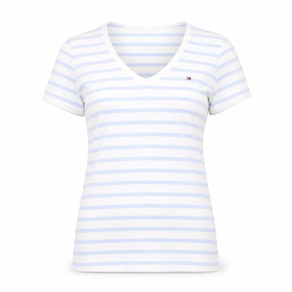 Tommy Hilfiger Women Blue Striped V-Neck Cotton T-Shirt Size S