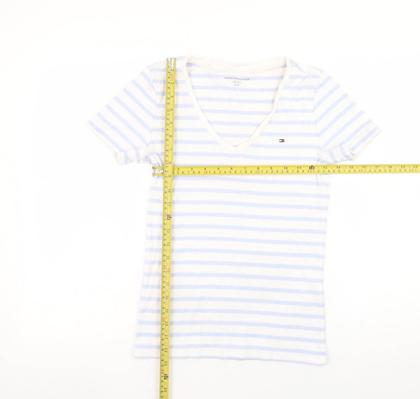 Tommy Hilfiger Women Blue Striped V-Neck Cotton T-Shirt Size S