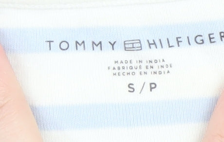 Tommy Hilfiger Women Blue Striped V-Neck Cotton T-Shirt Size S