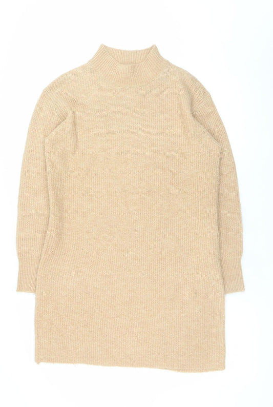New Look Women’s Beige Knit Jumper Dress Size S Long Sleeve Mock Neck