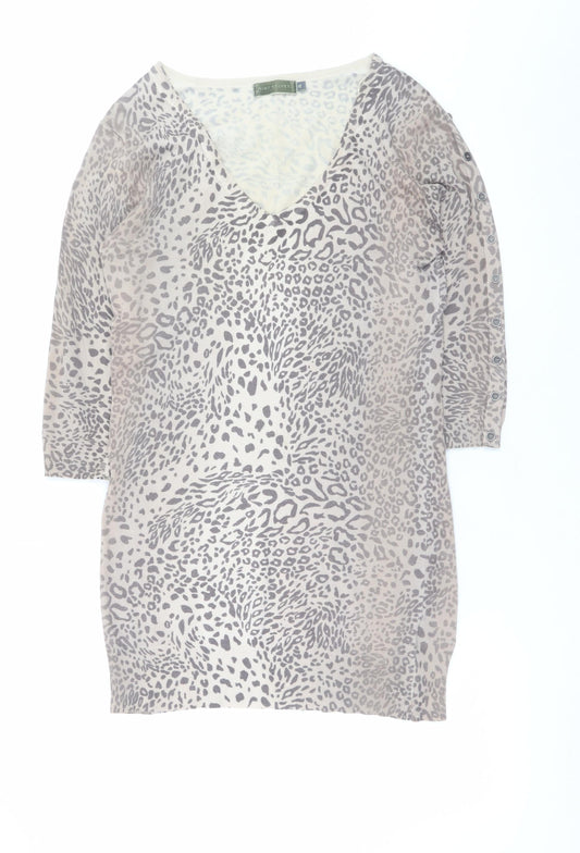Mint Velvet Women's Beige Leopard V-Neck Knit Jumper Size 12