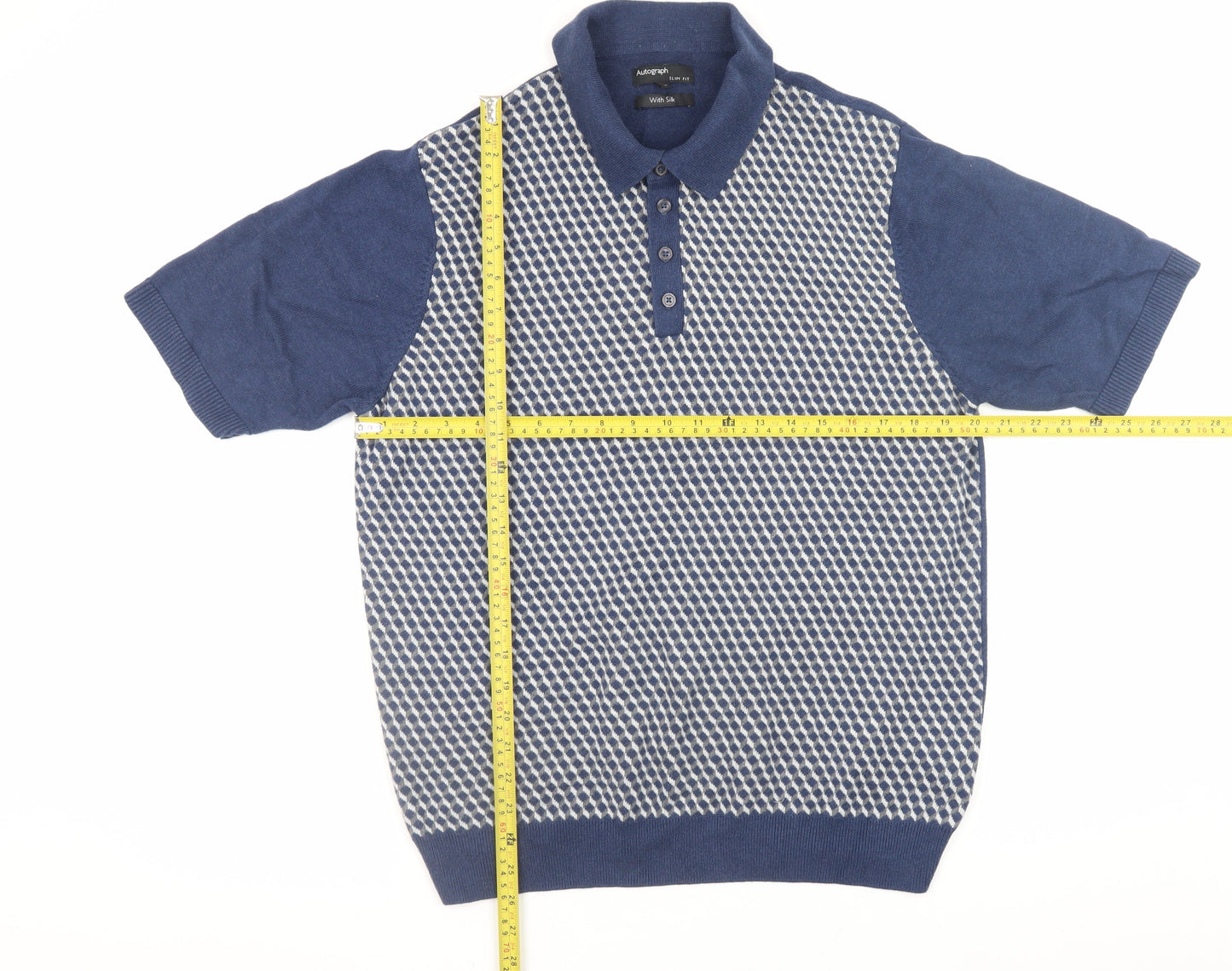 Marks and Spencer Autograph Men's Blue Slim Fit Silk Blend Polo Shirt L