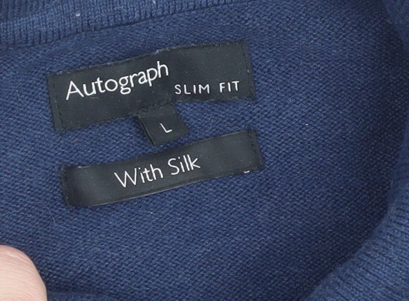 Marks and Spencer Autograph Men's Blue Slim Fit Silk Blend Polo Shirt L