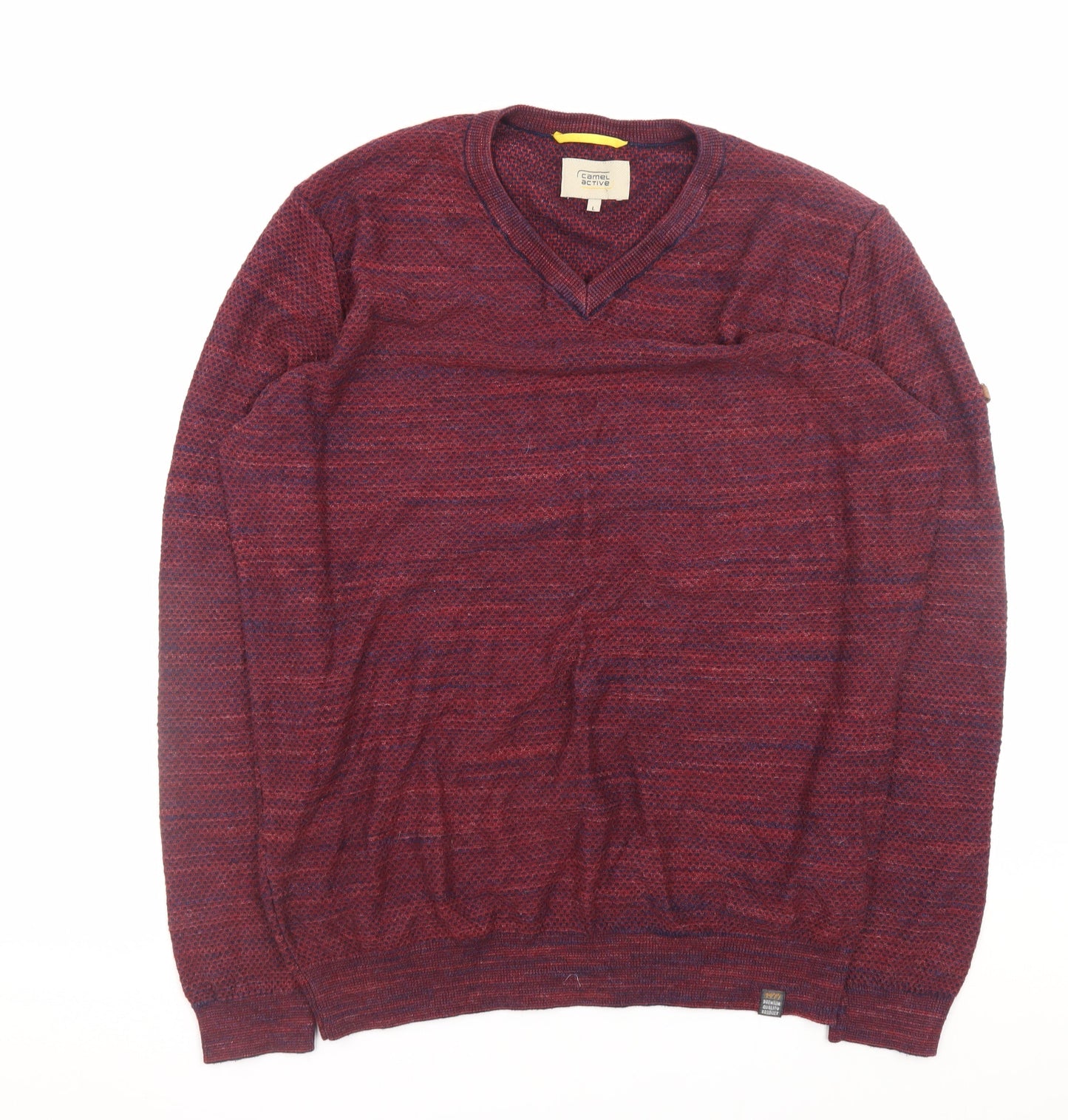 Camel Active Men's Red Knit V-Neck Cotton Pullover Sweater L