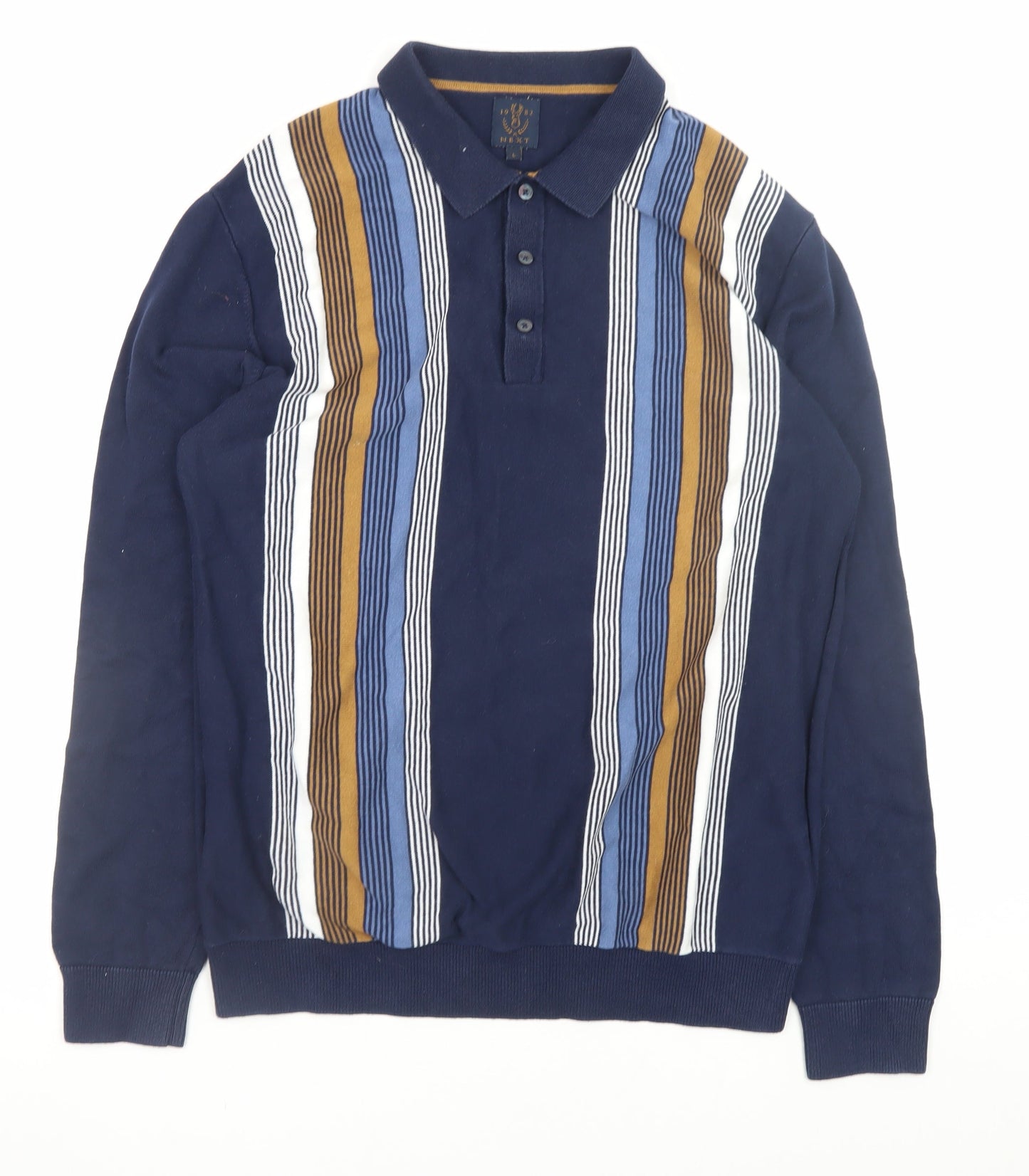 Next Men's Blue Striped Collared Cotton Henley Jumper Size L