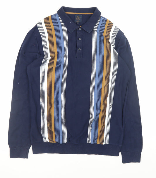 Next Men's Blue Striped Collared Cotton Henley Jumper Size L