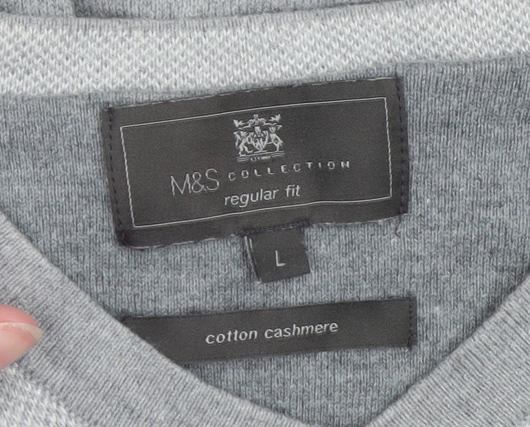 Marks and Spencer Men’s Grey V-Neck Cotton Cashmere Jumper Size L Regular Fit