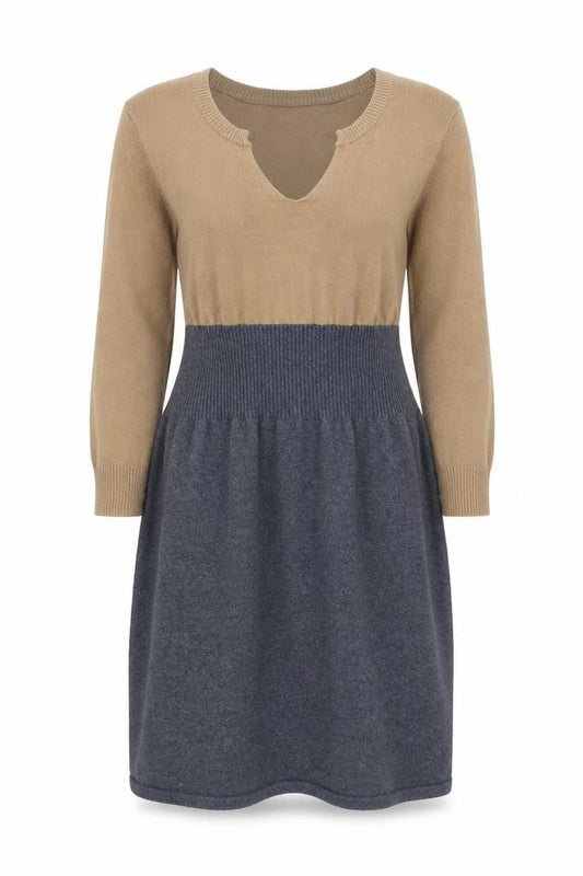 Mango Women Brown Grey Colourblock Jumper Dress M V-Neck 3/4 Sleeve Knit