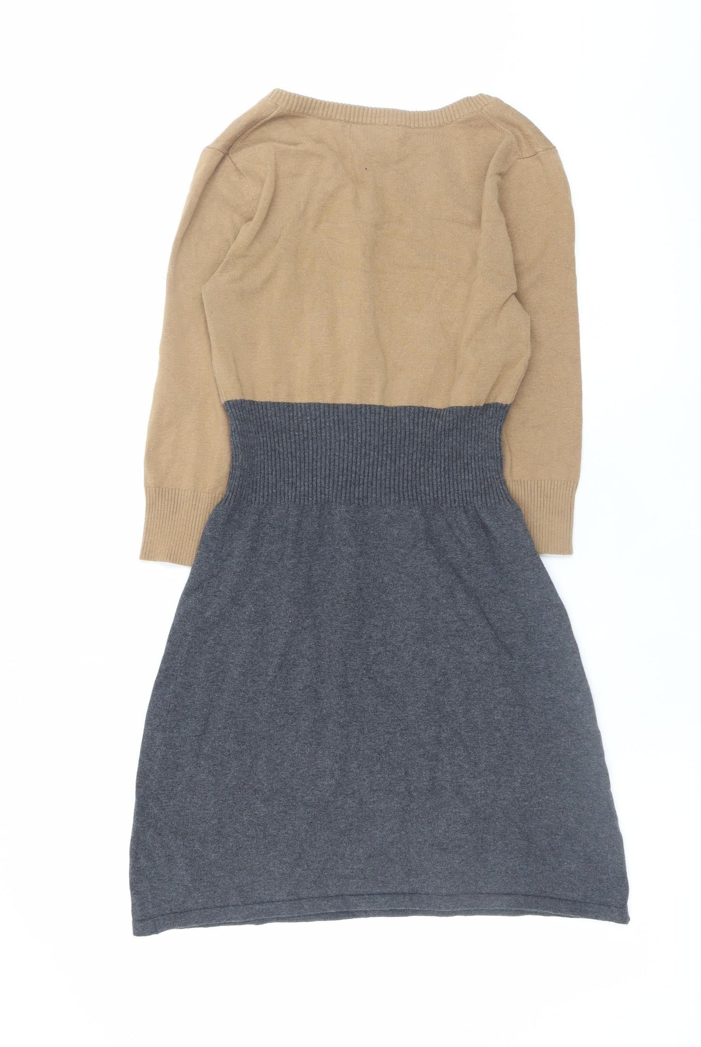 Mango Women Brown Grey Colourblock Jumper Dress M V-Neck 3/4 Sleeve Knit
