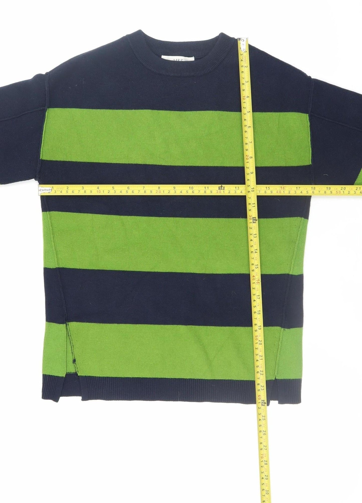 Marks and Spencer Women's XS Green Navy Striped Crew Neck Jumper