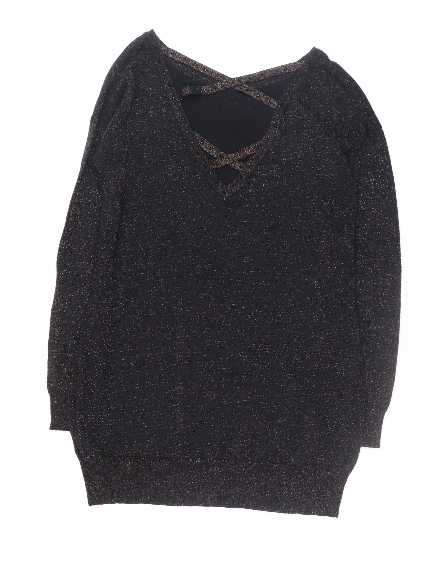 Amaryllis Womens Black Metallic V-Neck Long Sleeve Pullover Jumper Size 12