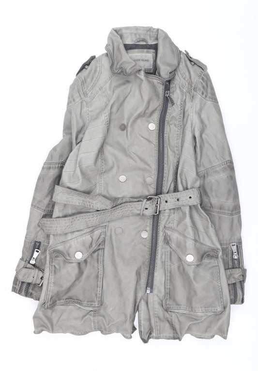 River Island Women’s Grey Faux Leather Trench Coat Size 14 Belted