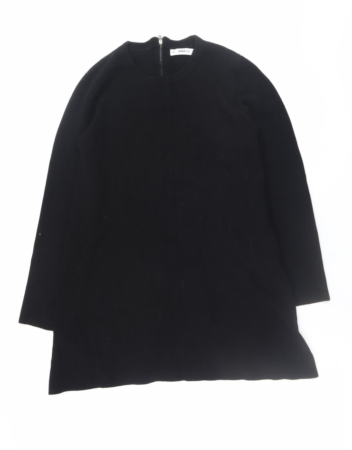 Zara Women Black Knit Shift Dress L Long Sleeve Round Neck