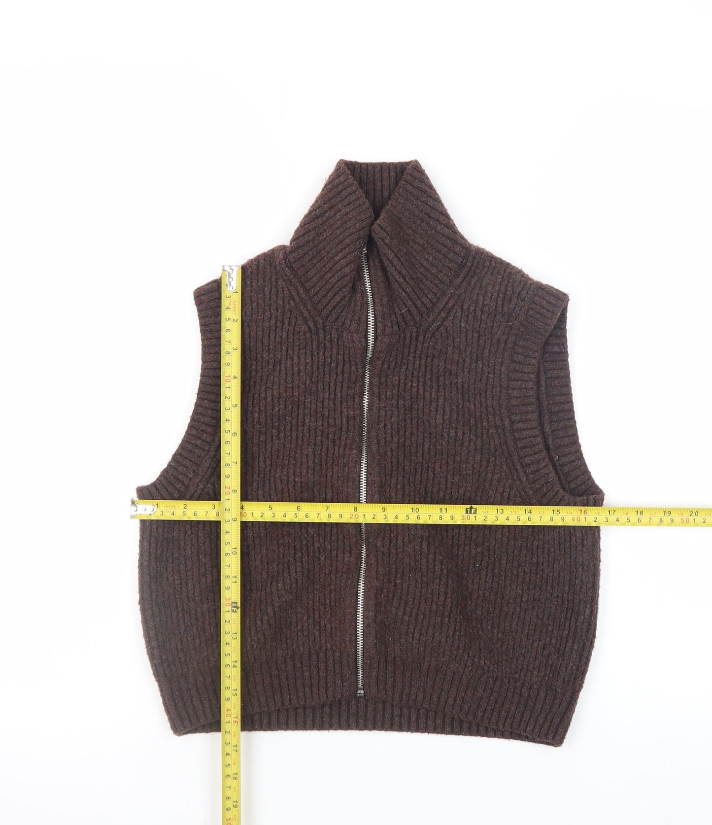 Weekday Women Brown Rib-Knit Wool Blend Zip Vest XS