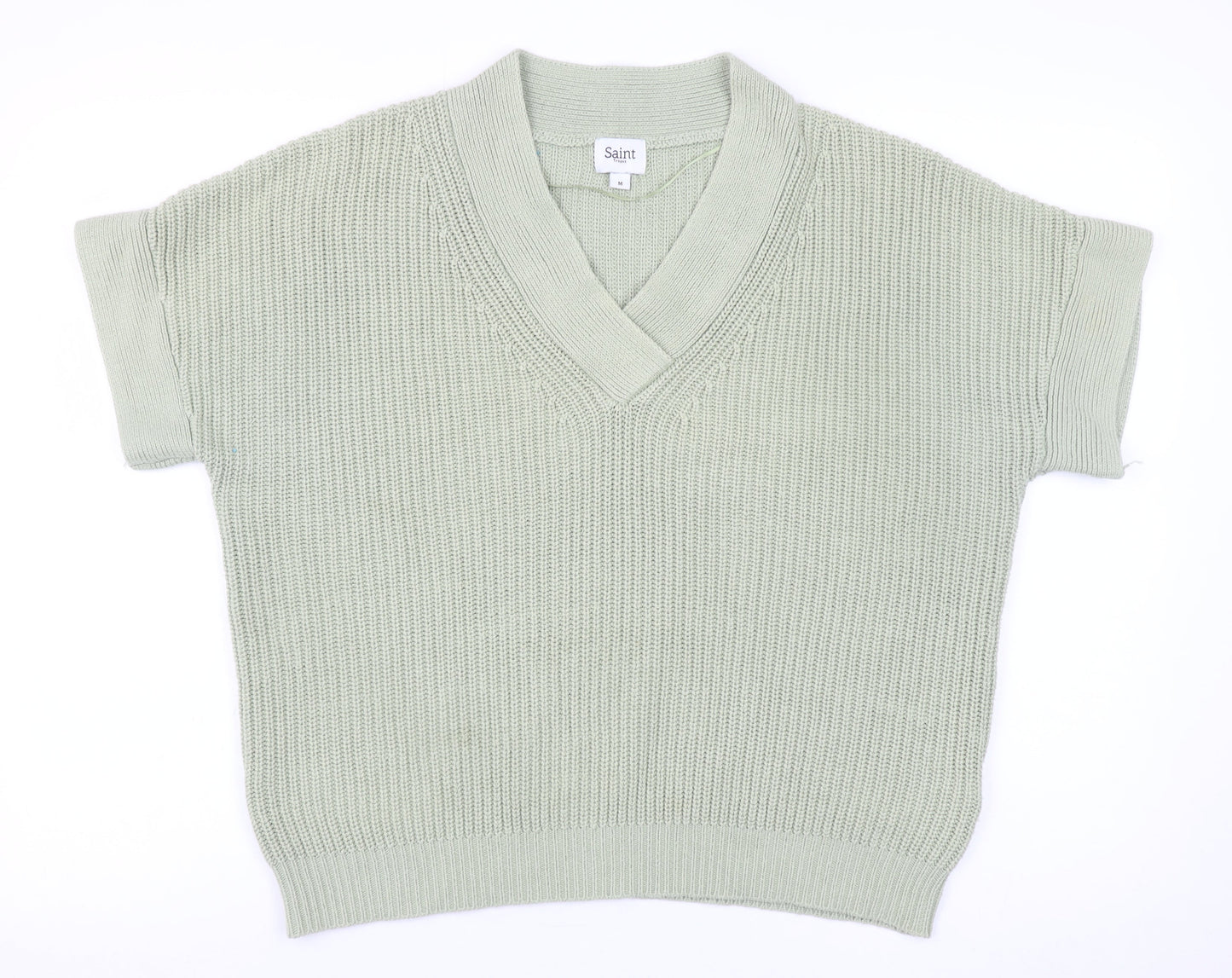Saint Tropez Women Green Cotton V-Neck Short Sleeve Knit Jumper M