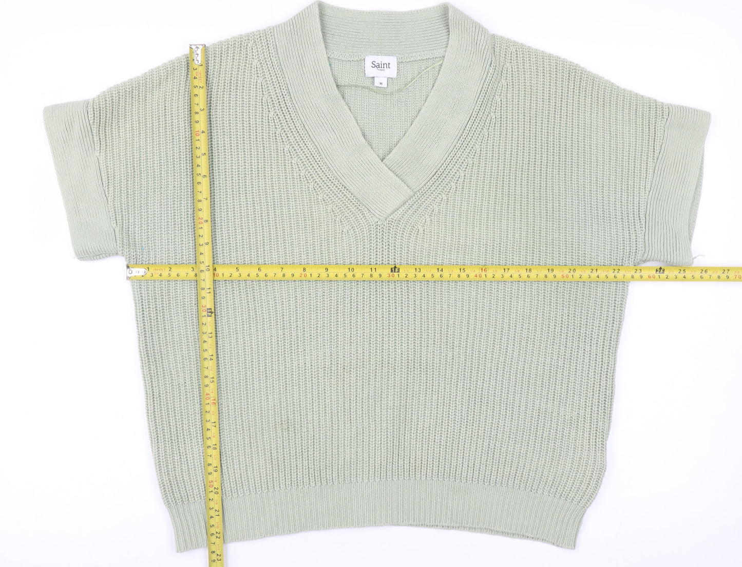 Saint Tropez Women Green Cotton V-Neck Short Sleeve Knit Jumper M