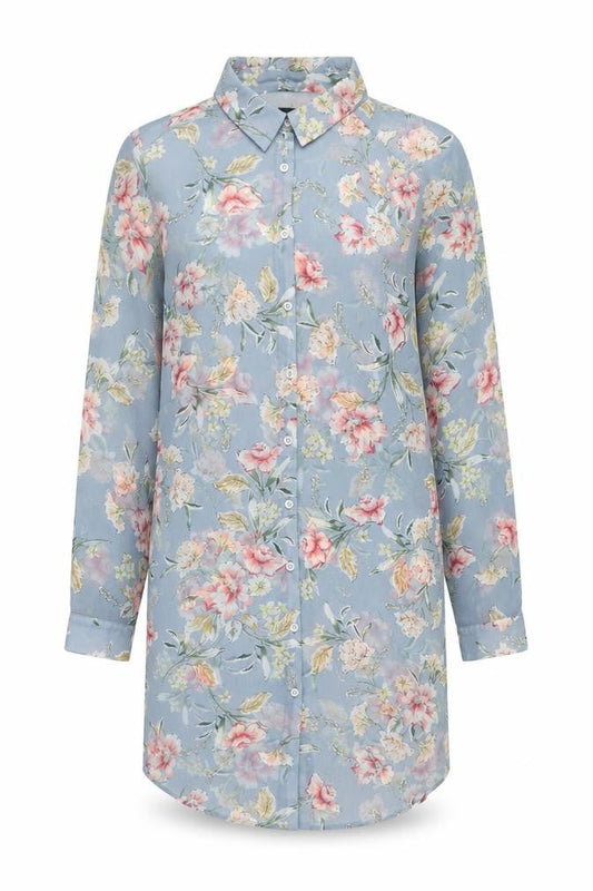 New Look Women Blue Floral Long Sleeve Button-Up Tunic Shirt UK 10