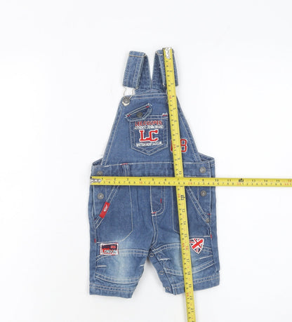 Back view of Lee Cooper boys’ blue denim romper 3-6 months adjustable dungaree style