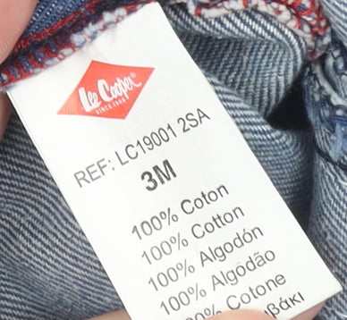 Brand and care label for Lee Cooper boys’ blue denim romper 3-6 months adjustable dungaree style