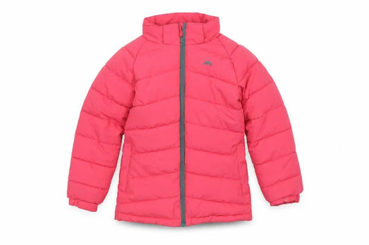 Front view of Trespass girls’ pink waterproof puffer jacket 7-8 years winter coat