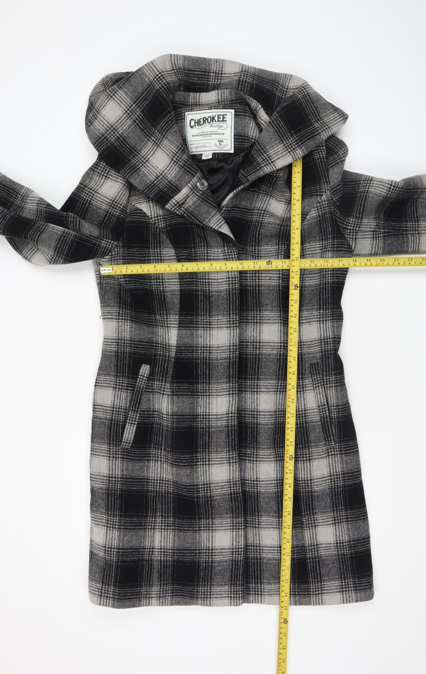 Cherokee Womens Grey Check Wool Blend Hooded Mid-Length Coat Size 12
