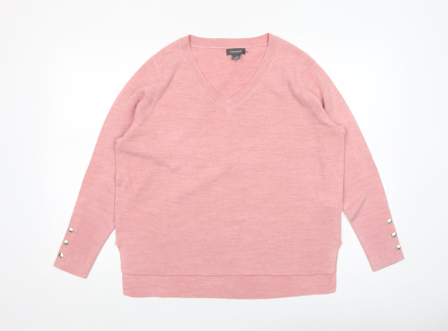 Primark Womens Pink V-Neck Pullover Jumper Size M 12-14 Button Sleeve Knit