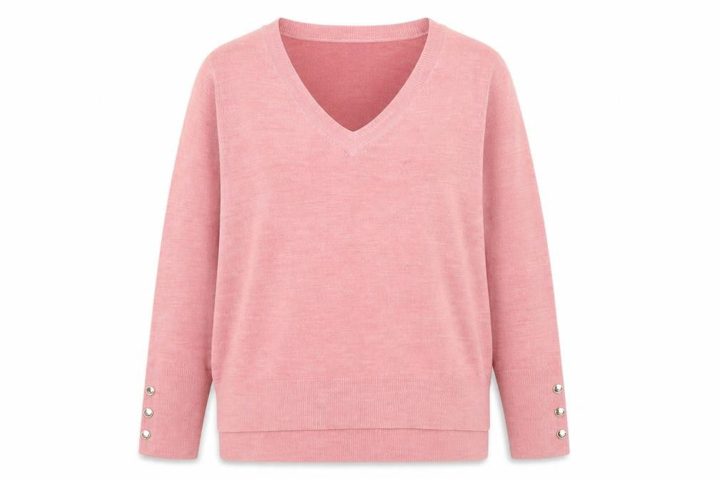 Primark Womens Pink V-Neck Pullover Jumper Size M 12-14 Button Sleeve Knit