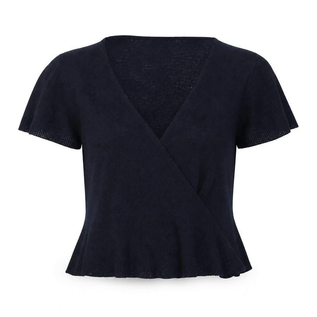 Marks & Spencer Women Blue Linen Blend Wrap Short Sleeve Jumper Size 14