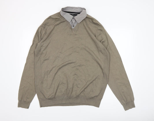 Next Mens Beige XL V-Neck Collared Pullover Cotton Jumper