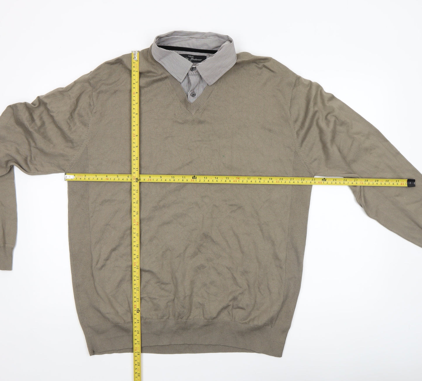 Next Mens Beige XL V-Neck Collared Pullover Cotton Jumper
