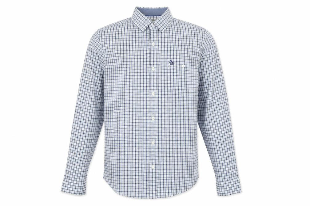 Original Penguin Men's Blue Check Slim Fit Cotton Button-Up Shirt M