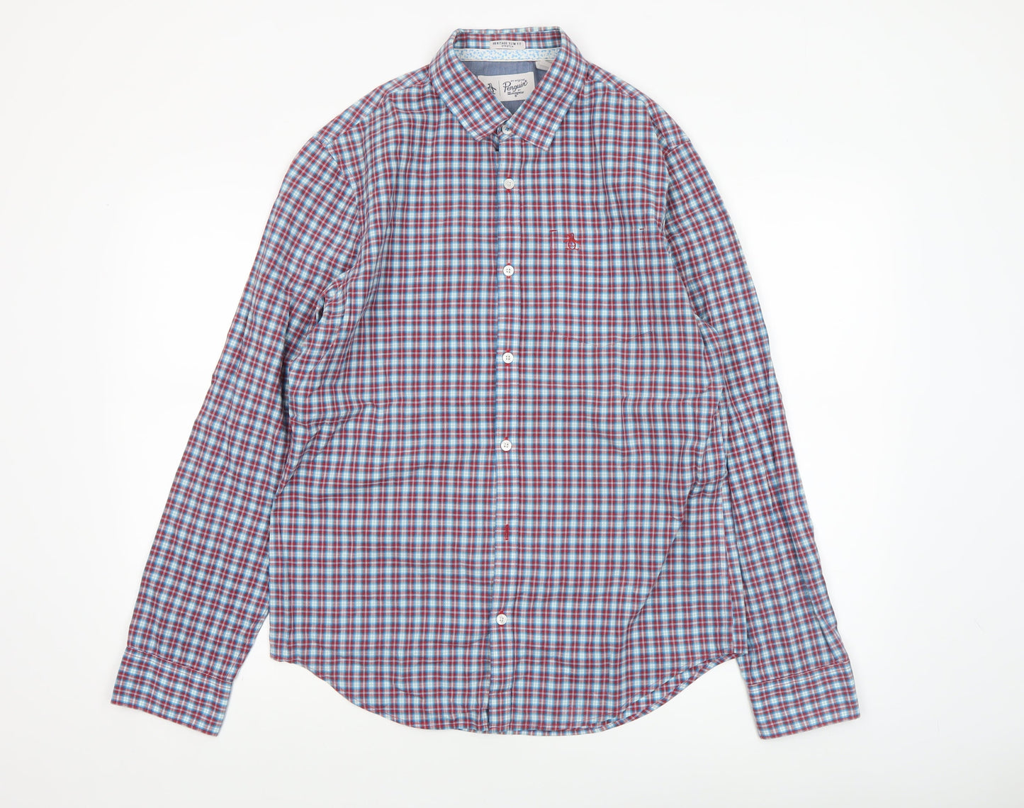 Original Penguin Men's Blue Checked Heritage Slim Fit Long Sleeve Shirt M