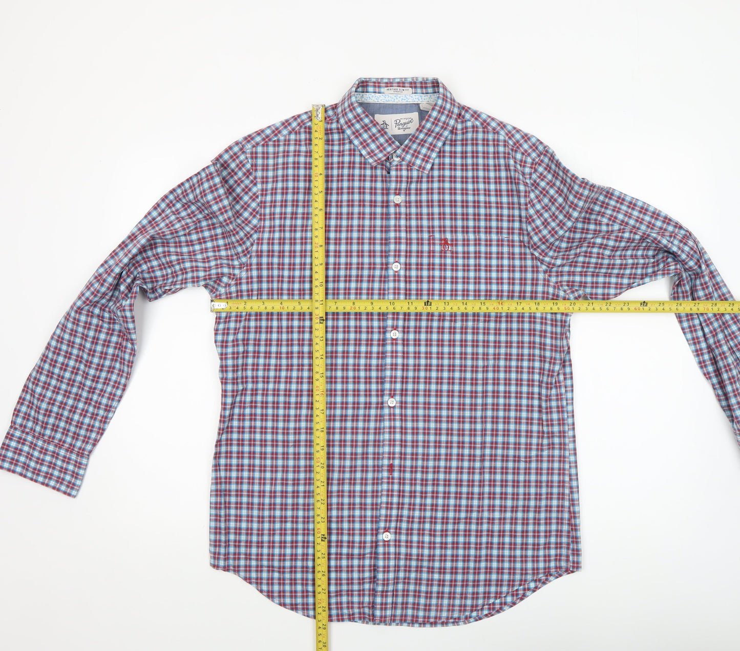 Original Penguin Men's Blue Checked Heritage Slim Fit Long Sleeve Shirt M