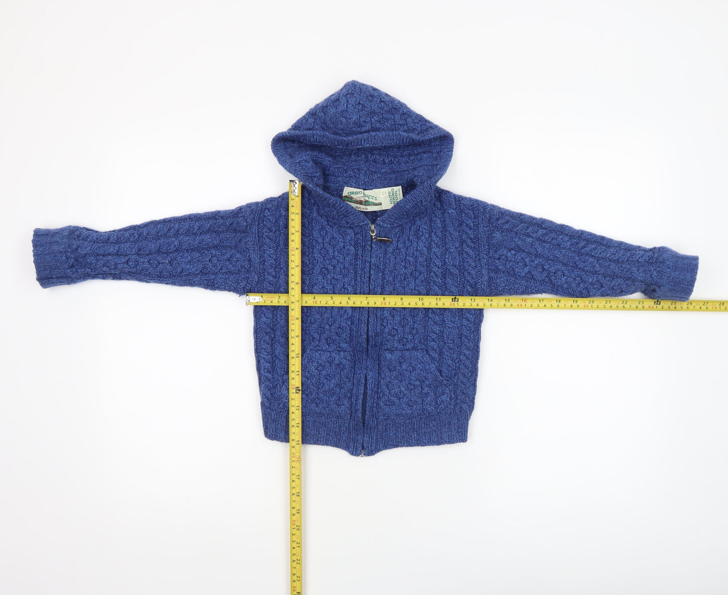 Aran Crafts Boys Blue 4-5 Years Cable-Knit Hooded Full Zip Cardigan 100% Merino Wool
