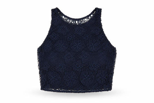 Hollister Women's Navy Blue Lace Cropped Tank Top S