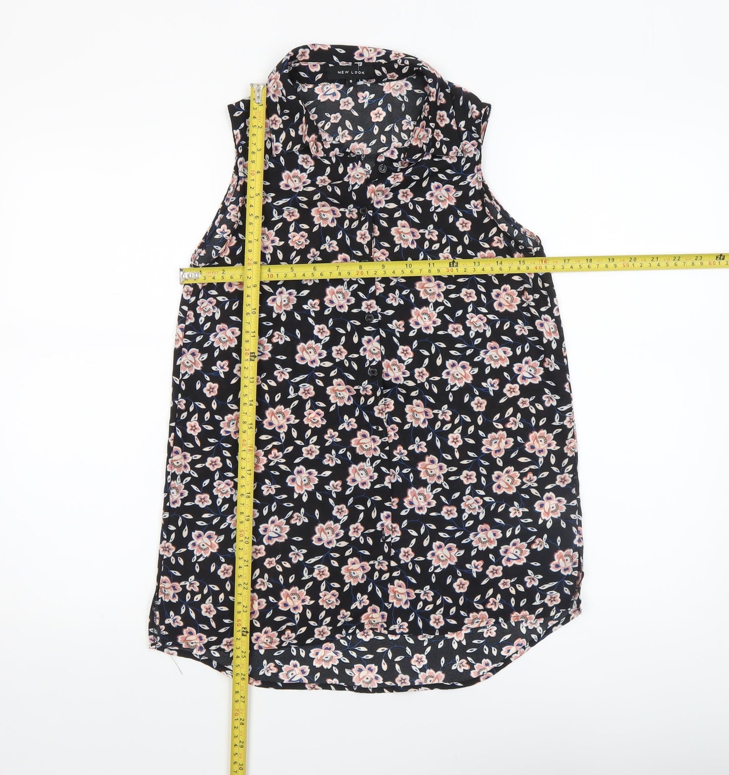 New Look Women's Black Floral Sleeveless Collared Blouse Size 8