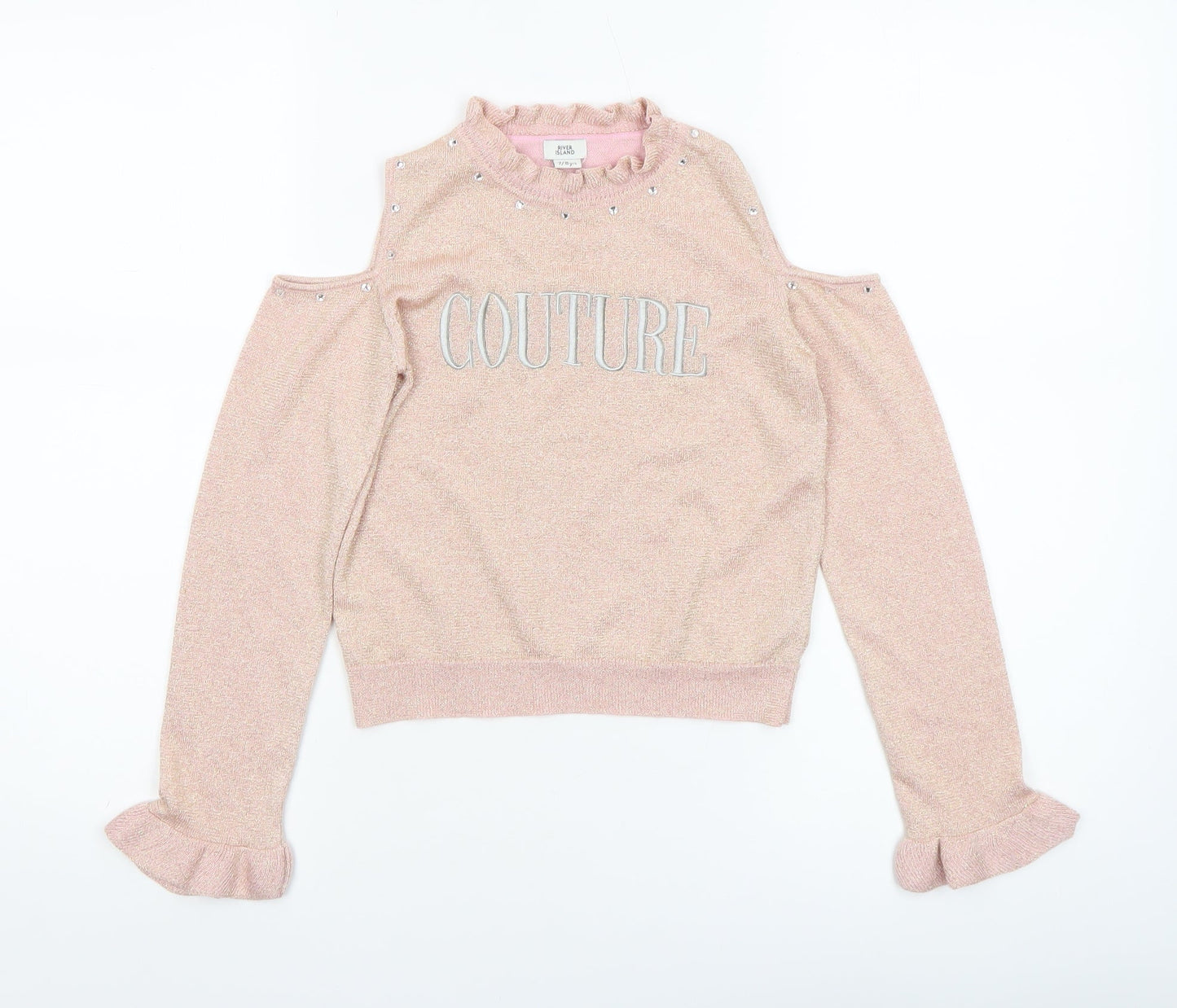 River Island Girls Pink 'Couture' Cold Shoulder Ruffle Knit Top 7-8 Years