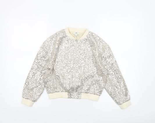 River Island Girls Silver Sequin Bomber Jacket 7-8 Years Party Outerwear
