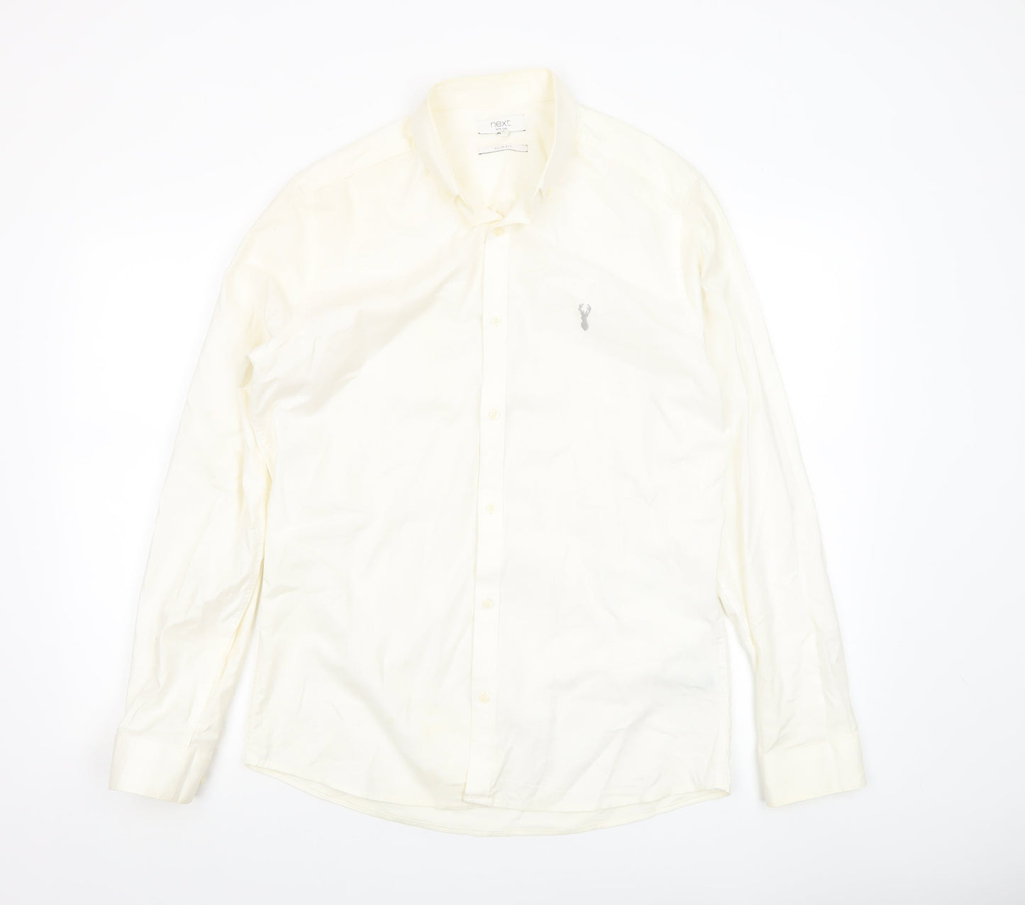Next Men Ivory Slim Fit Cotton Stretch Long Sleeve Button-Up Shirt M